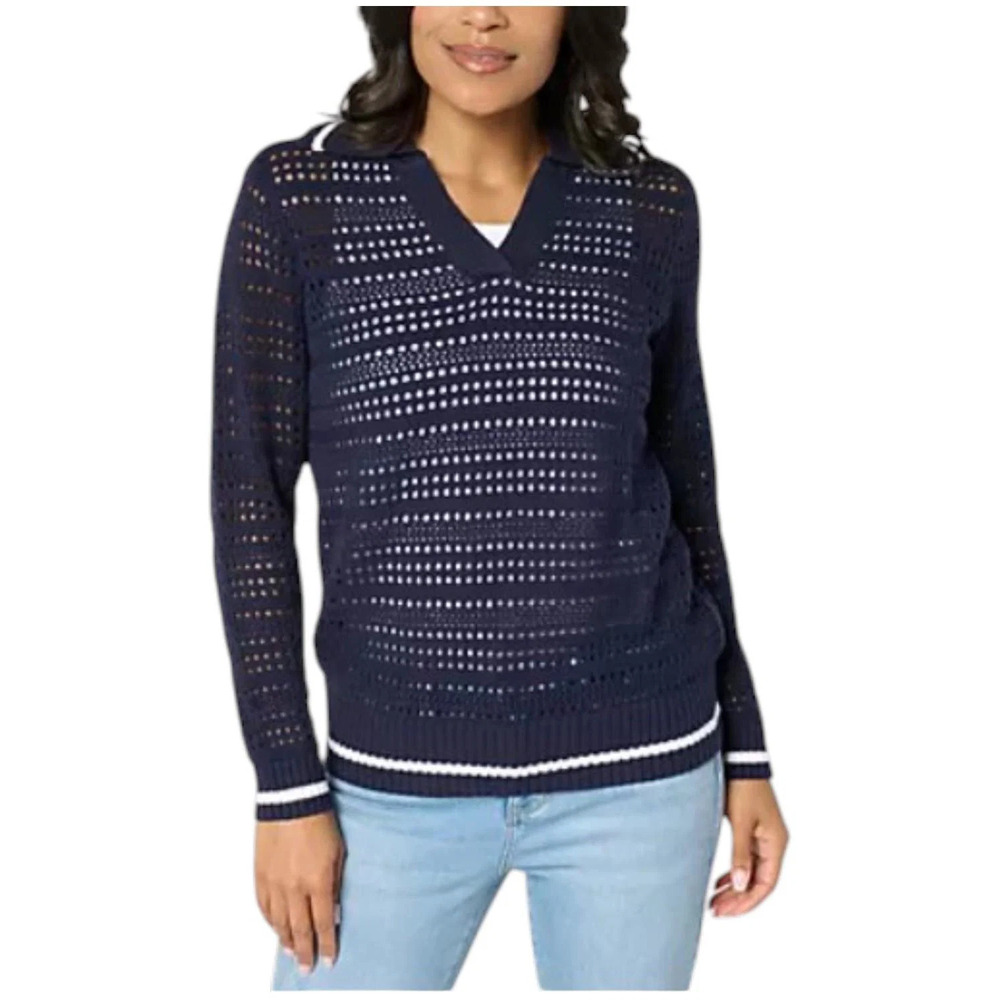 Joan Rivers Women's Collared Long Sleeve Open Stitch Sweater Navy - Regular